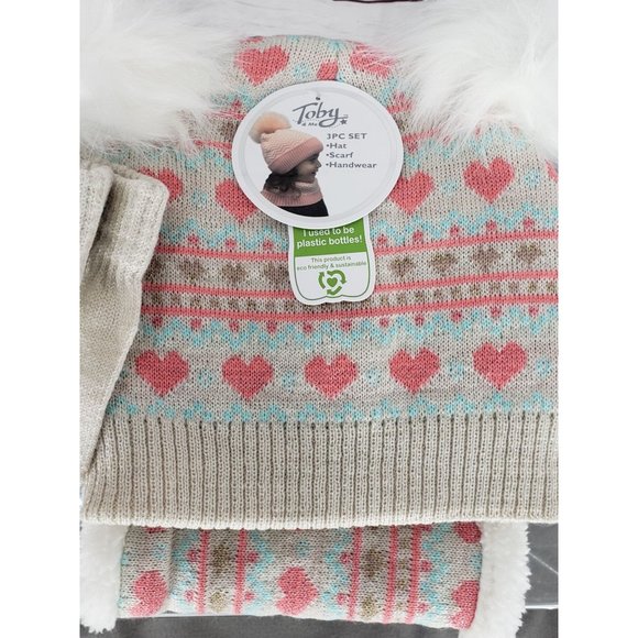 Toby Me Girls 3 Piece Infinity Scarf Handwear Teal Tan Pink Heart Fur PomPom Hat - Picture 6 of 9